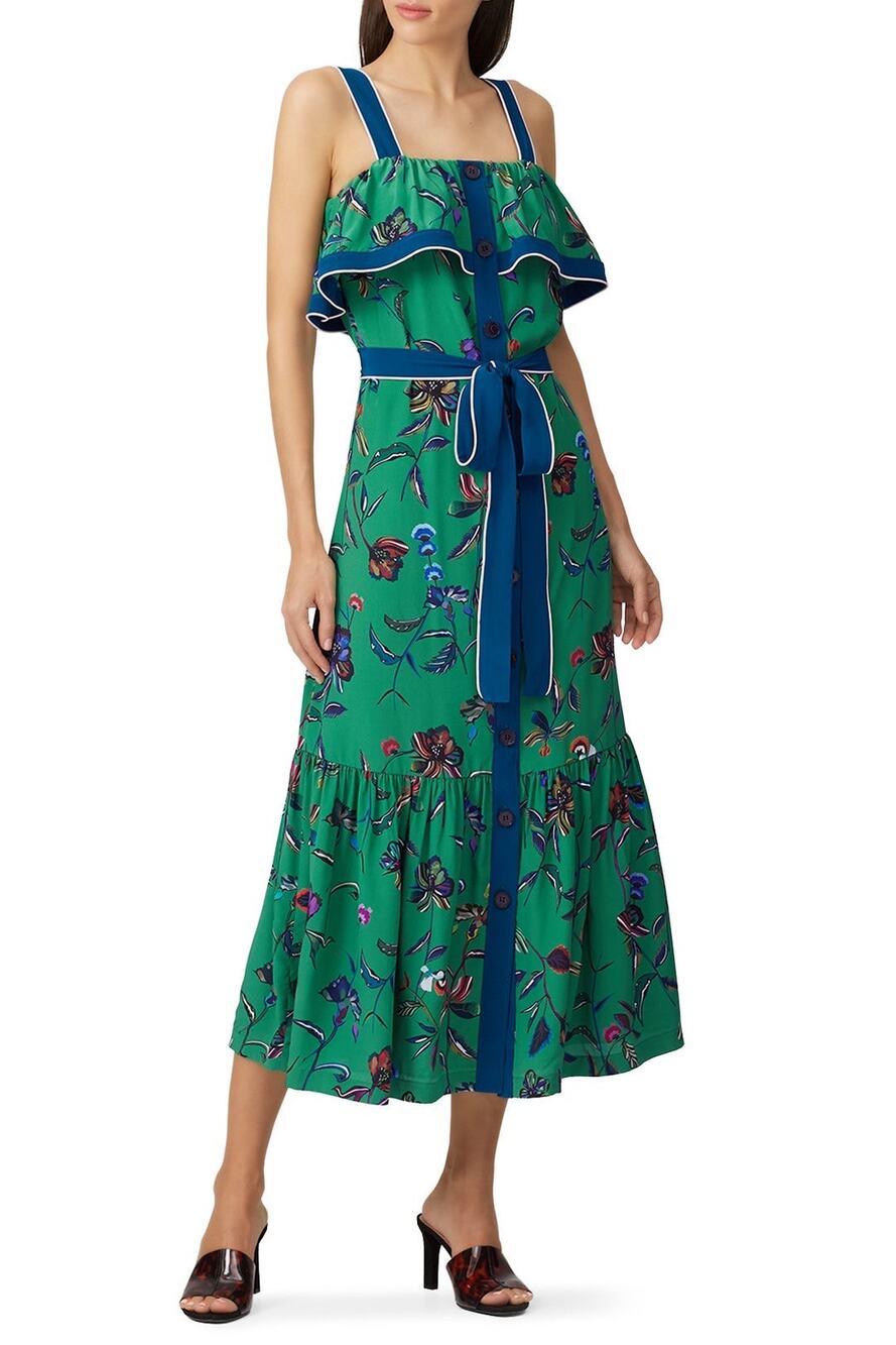 DEREK LAM Green Floral 100% Silk Ruffled Popover Cami Style Midi Dress Size 2